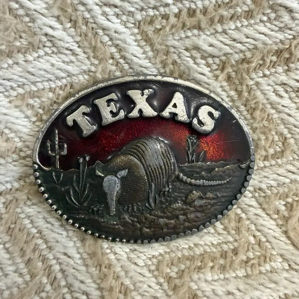 Vintage Koleaco Texas Armadillo Red Enamel Belt Buckle Western Cowboy Rodeo USA